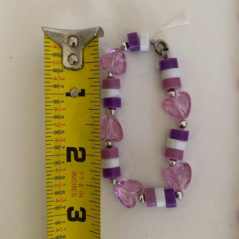 Girls Necklace & Bracelet Set Child’s Size Purple White Beaded Heart Jewelry - Picture 10 of 11